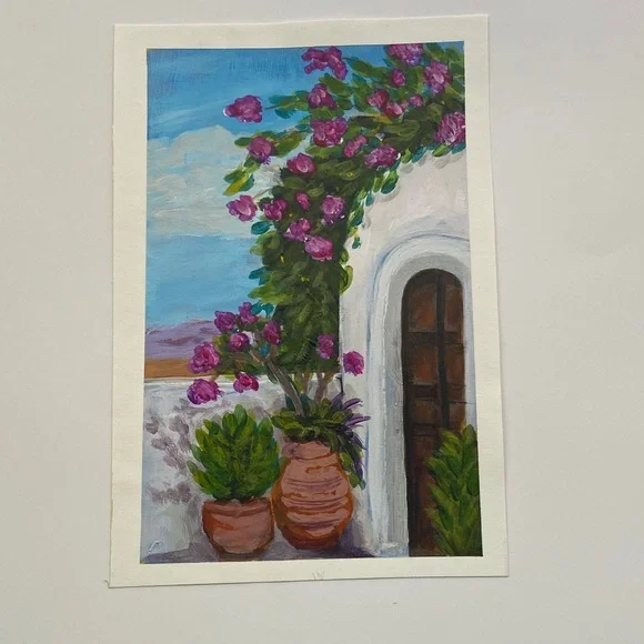 Greek Island Courtyard Floral Wall Art with Purple and Green Accents - Picture 4 of 6